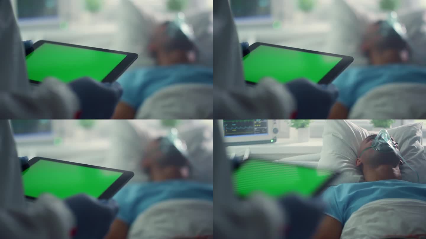 医生使用pad色度键屏幕特写。病床上病人的氧气面罩