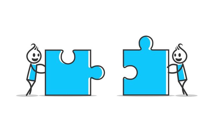动画人物推动拼图相互连接，团队合作和协作