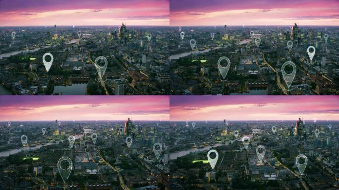 连接城市中的本地化图标。伦敦天际线的空中未来观。技术理念、数据通信、人工智能、物联网、智慧城市。英格
