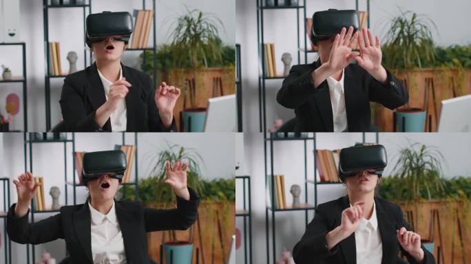女商人使用虚拟现实未来科技VR应用头戴式耳机模拟3D视频