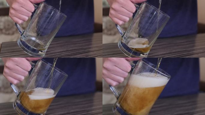 将未过滤的啤酒泡沫填充到大啤酒杯边缘的过程