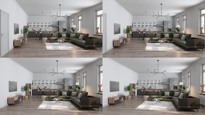 现代客厅内饰配有角落沙发，室内植物，电视机和开放式厨房