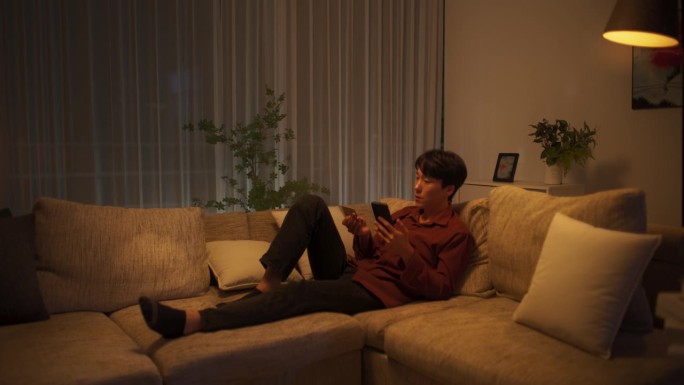 一个时尚的韩国男人躺在舒适客厅的沙发上，用智能手机网购。亚洲男性在移动电子商务应用中输入信用卡信息