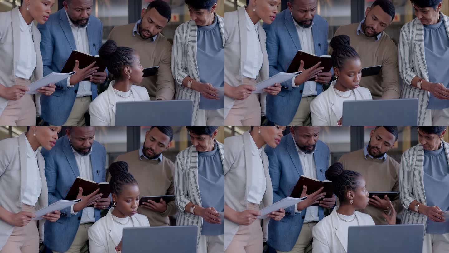 培训，项目管理和黑人女性在笔记本电脑上与商务人士提供入职建议，头脑风暴和反馈。