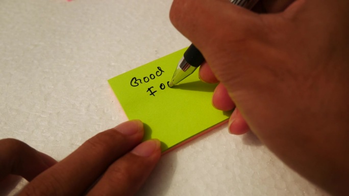 一位男士在一张黄色的信纸上写着“美食好心情”。关于食物的励志名言手绘文字。