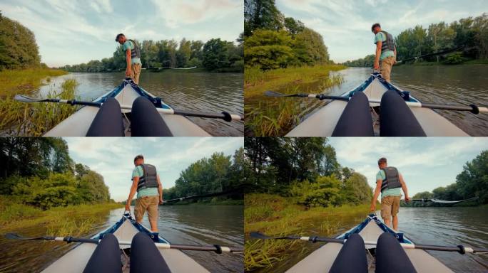 旁白:一个男人和一个女人划着独木舟进入深水。情侣们为皮划艇做准备