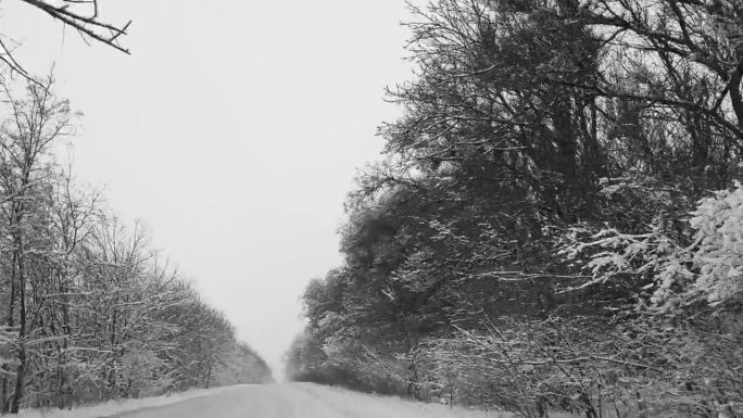 在下雪的时候，在北方国家的冬季道路上沿着被雪覆盖的森林进行新年旅行。迎面而来的车辆。极端路况