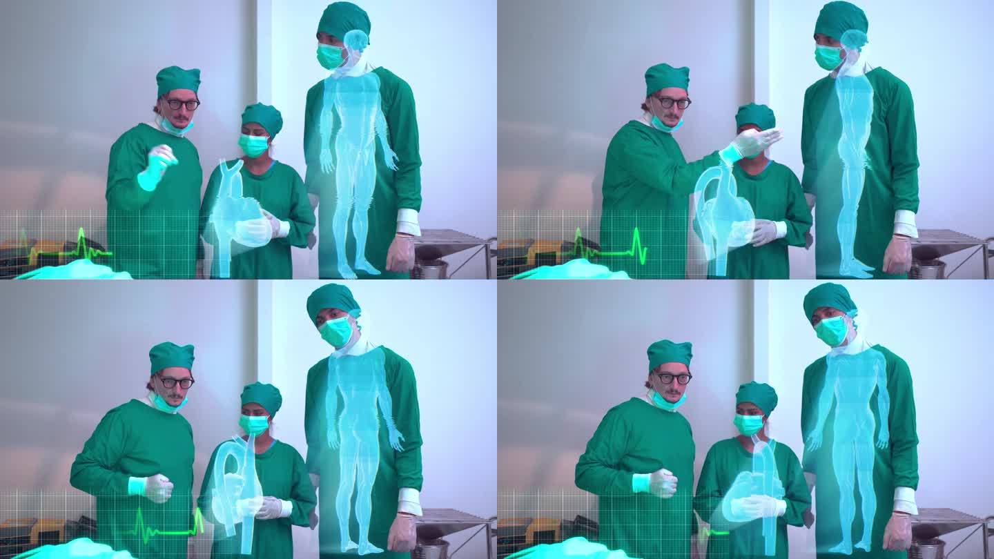 医学教授在医院外科手术室为医学生讲解全息图可视化人体解剖学。