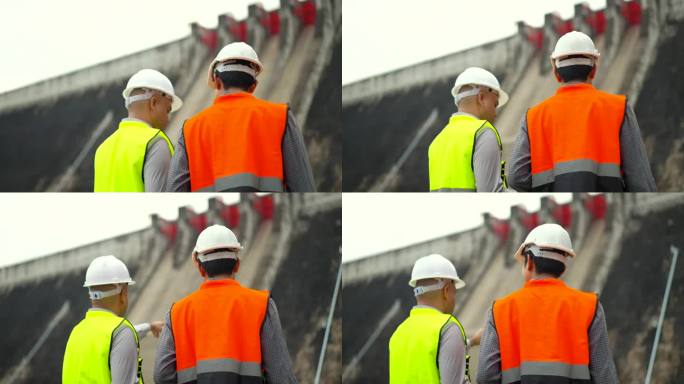 自信的亚洲两名维修工程师在工地用平板检查水坝、水电站和灌溉系统。在大型建筑项目工作的团队工程师。和灌