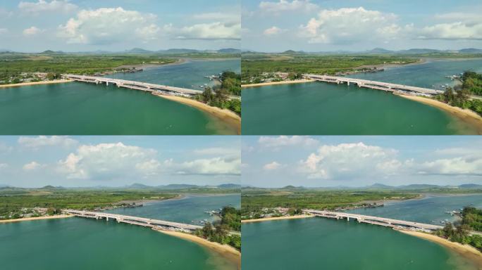 鸟瞰图Sarasin桥道路运输背景概念。这座桥是泰国攀牙岛和普吉岛之间的桥梁，在商业和交通运输方面是