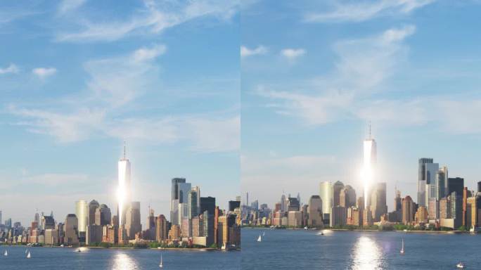 垂直屏幕:航拍镜头的相机接近曼哈顿岛与办公室和公寓大楼。哈德逊河风景与游艇，船只和太阳反射从摩天大楼