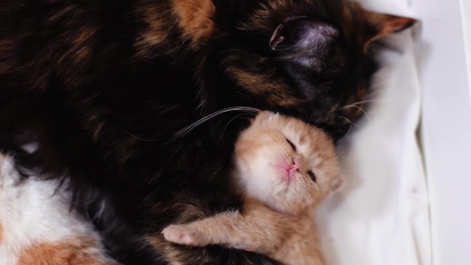 一只红色的小猫在猫妈妈的怀里挣扎。
