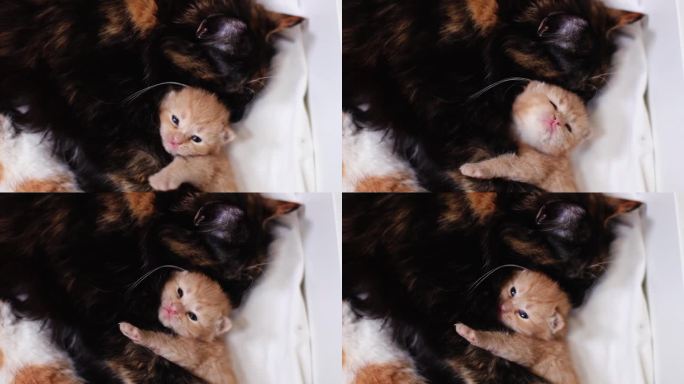一只红色的小猫在猫妈妈的怀里挣扎。