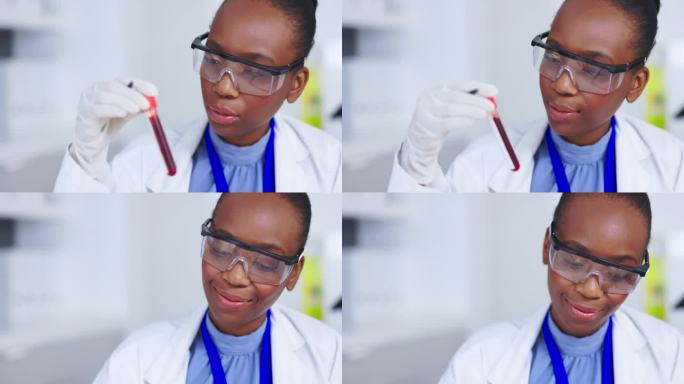 血液测试，研究和科学家妇女与试管分析，疫苗和愉快的保健结果在实验室。医学，科学博士或非洲人微笑红色试