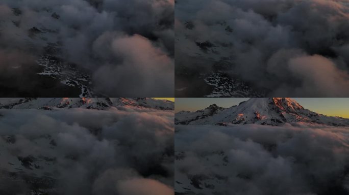 云中雷尼尔火山的鸟瞰图。倾斜无人机拍摄