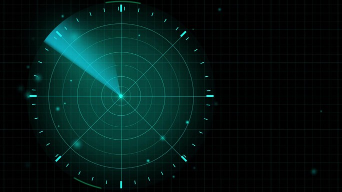 军用搜索和跟踪系统。数字雷达导航和目标探测。雷达绿屏在三维视图与复制空间。循环播放4K视频