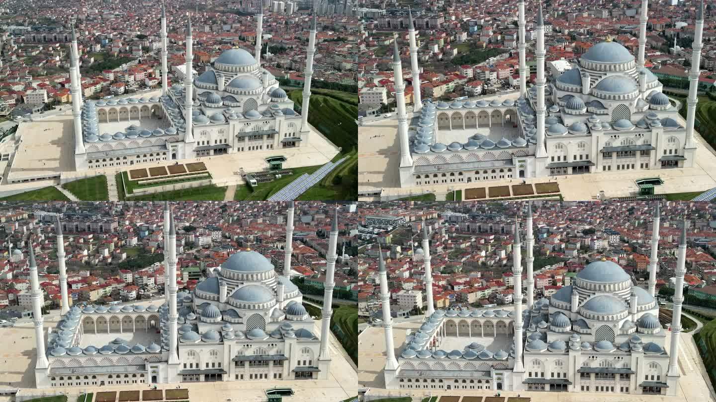 无人机拍摄的Camlica清真寺和Umraniye地区的放大镜头