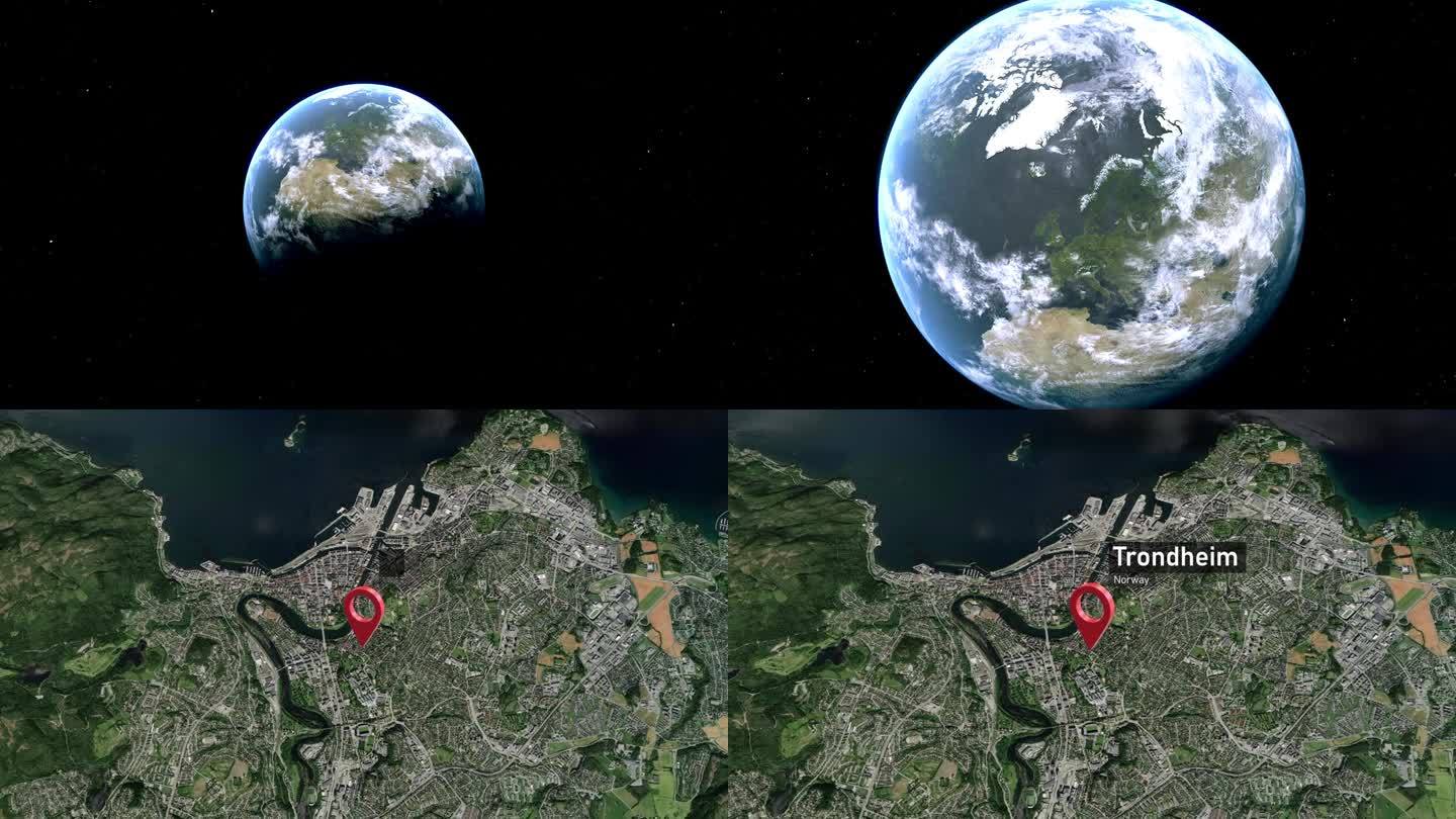 特隆赫姆城市地图从太空到地球缩放，挪威