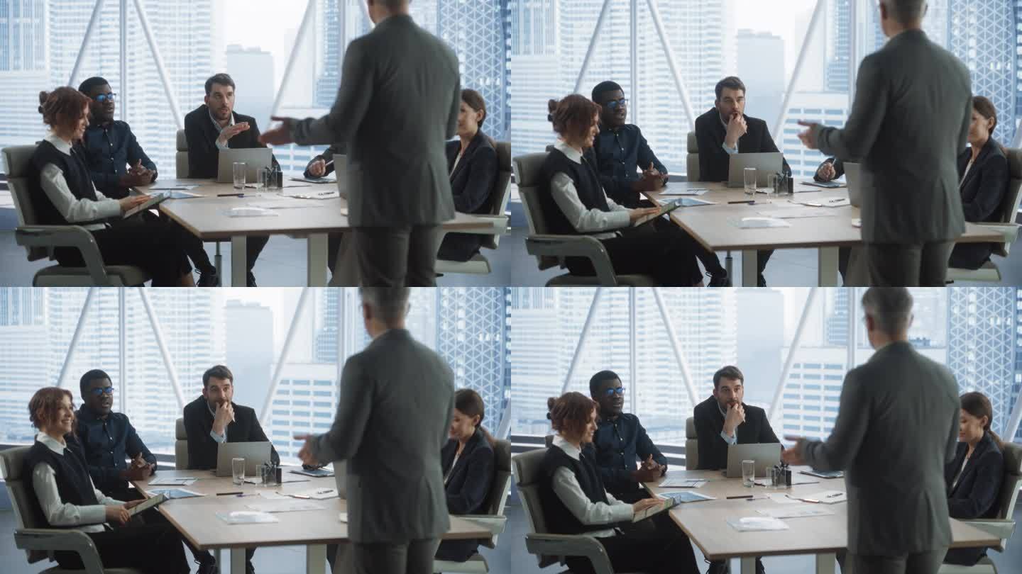白人男性企业家在公司办公室董事会上发言的后视镜。咨询公司多元化投资者倾听与洽谈企业成长战略。