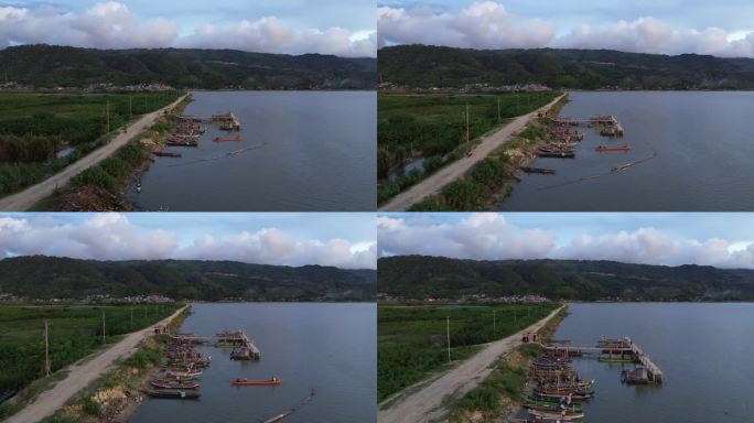 鸟瞰印尼哥伦塔洛省林波托湖沿岸的船坞