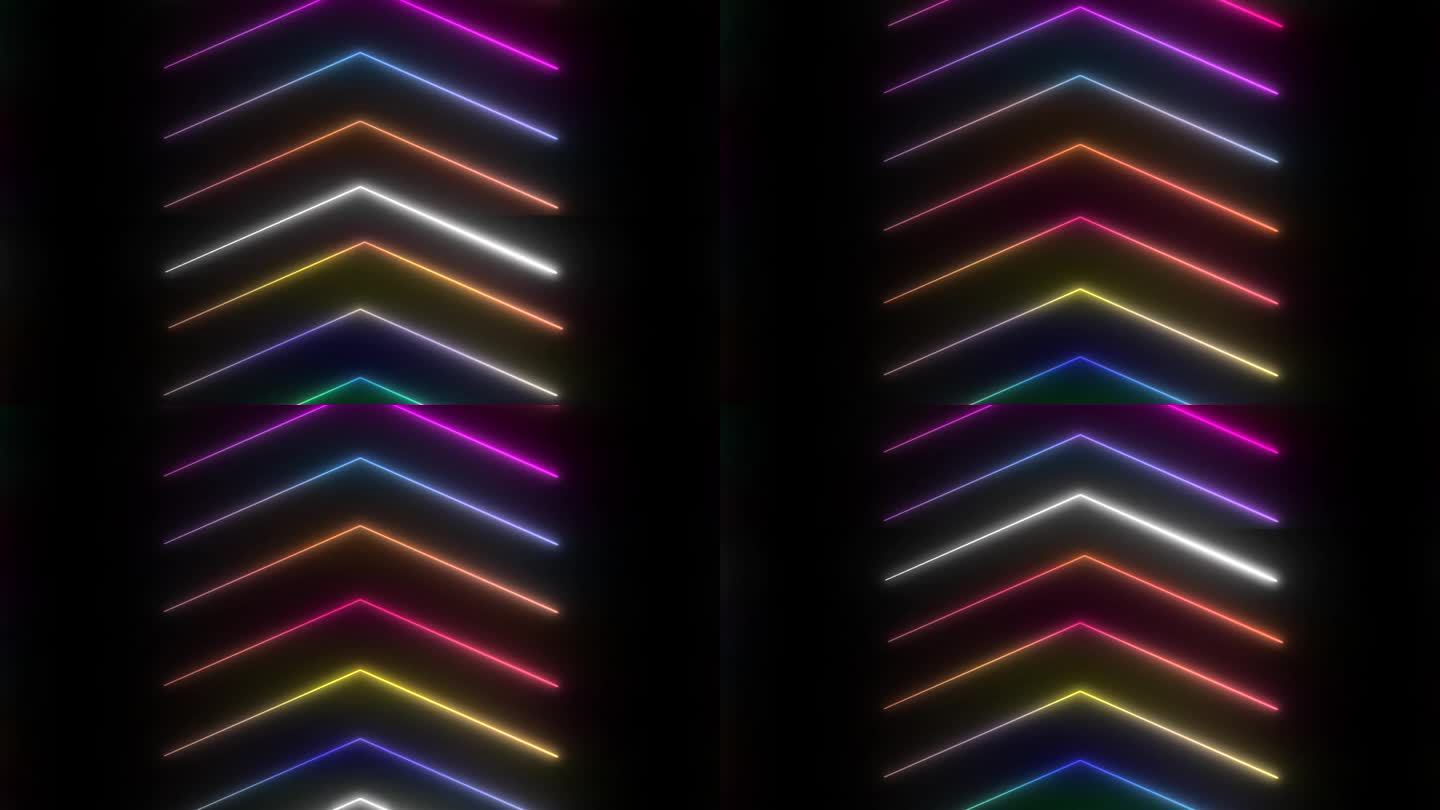 箭牌以五彩霓虹为背景，以发光的箭头向上，技术现代，显示出前进方向的方式。空的舞台后台显示粉红色灯的动