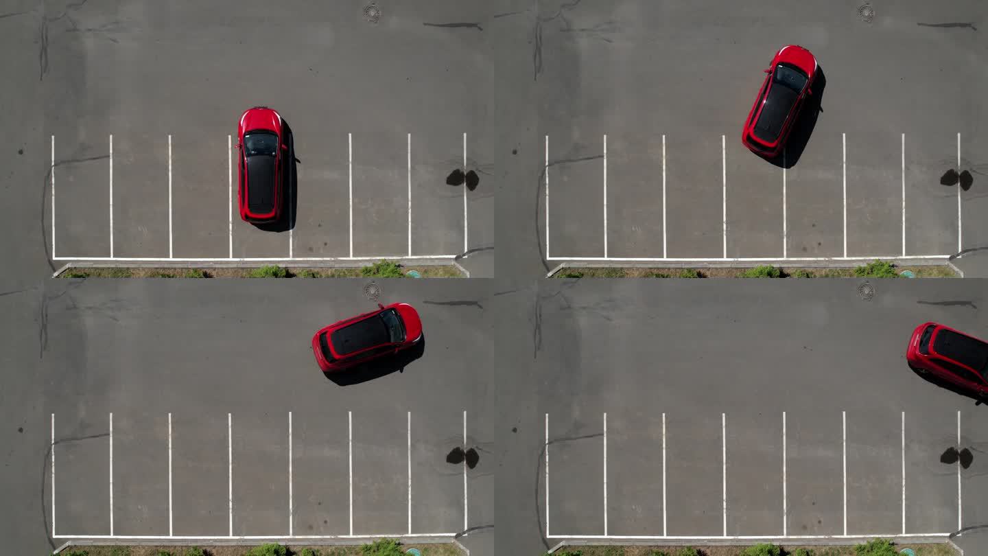 一辆红色轿车从停车场驶出，开走了，航拍画面。空荡荡的停车场。停车场有光滑的白色斑纹。车停好了，俯视图