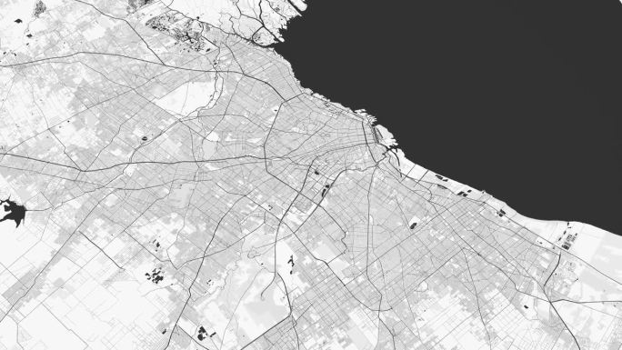 黑白布宜诺斯艾利斯地图背景循环。阿根廷城市上空盘旋的镜头。无缝全景旋转在市中心的背景。