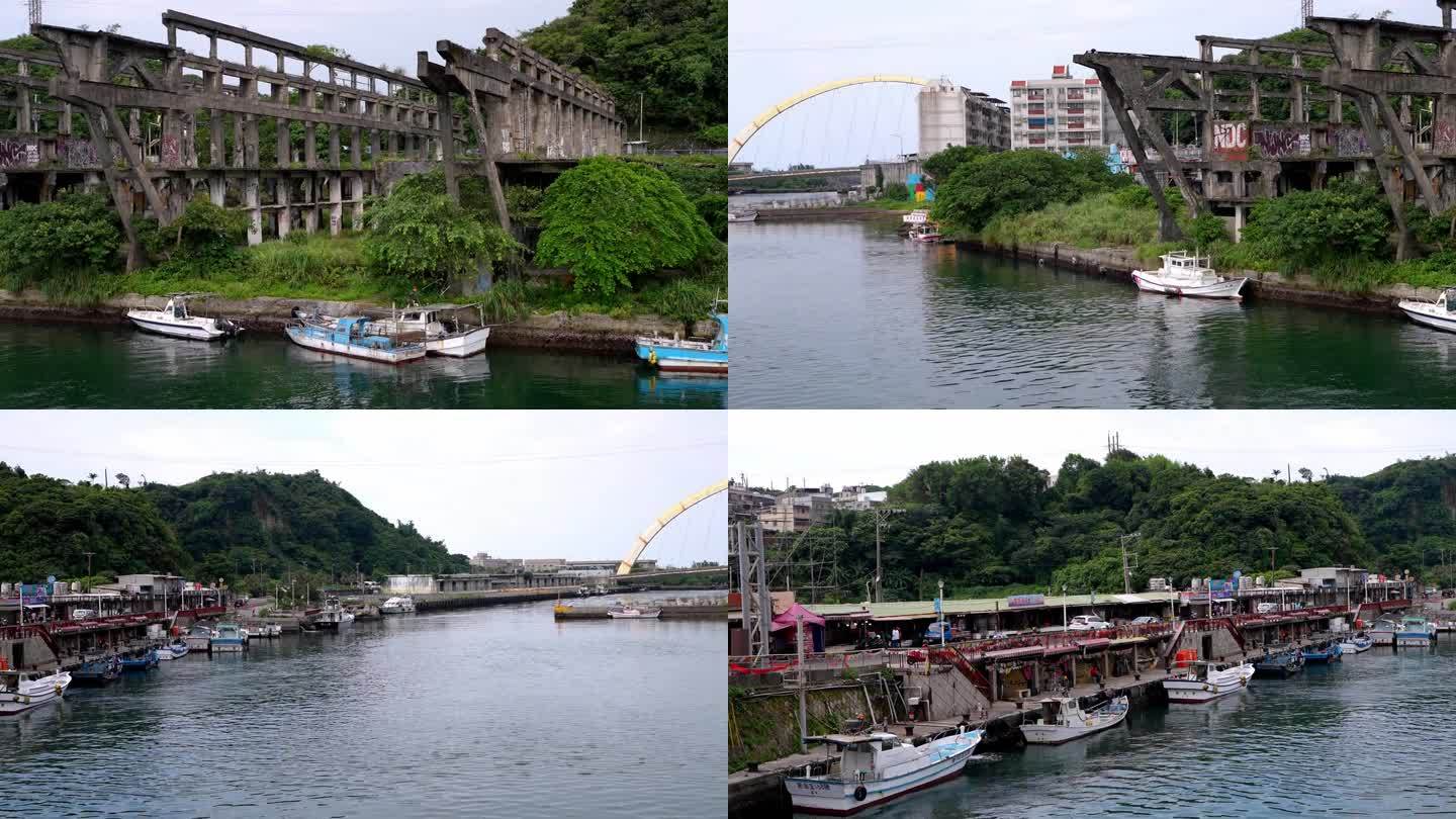 台湾基隆港有船，阴天。