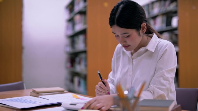 年轻的亚洲女学生在学校图书馆用计算器计算做财务会计作业数学