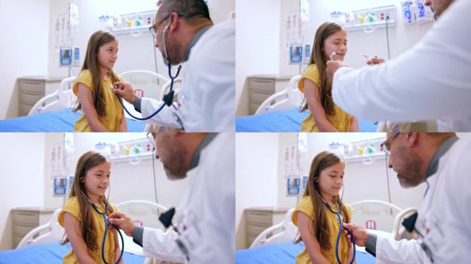医生把听诊器放在一个9岁女孩的头上听她的心跳