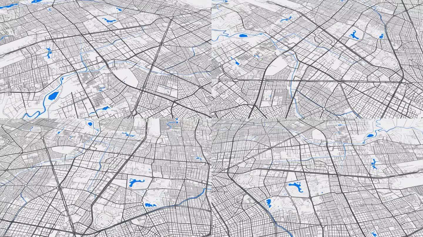 灰蓝色波哥大地图背景循环。哥伦比亚城市上空盘旋的镜头。无缝全景旋转在市中心的背景。