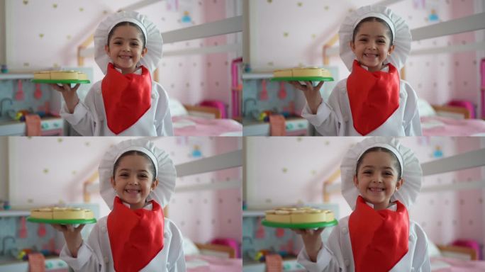 在家里的卧室里，一个小女孩拿着一个甜馅饼的肖像
