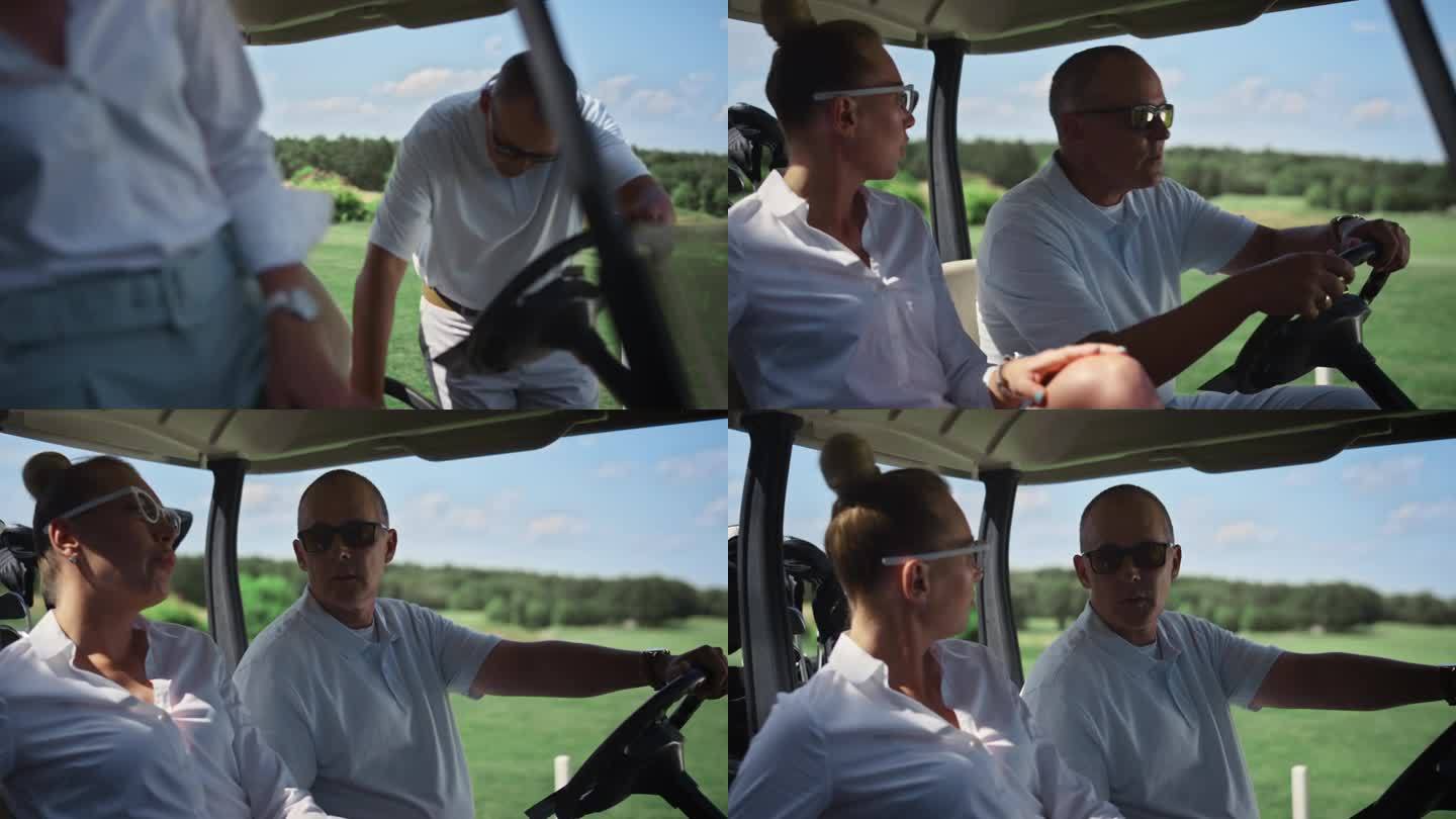 两个球员坐在高尔夫球车在活跃的夏季周末。夫妻俩在乡村俱乐部享受时光。