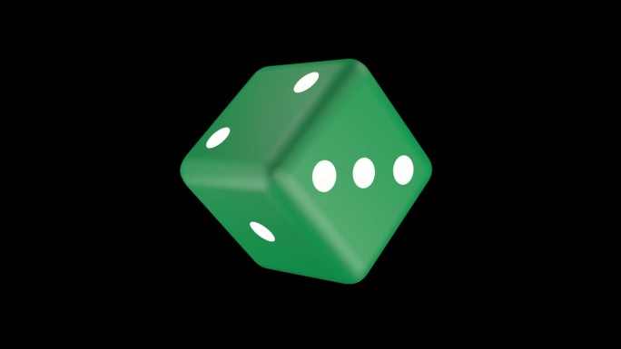 绿色骰子在黑屏的背景下旋转。三维动画