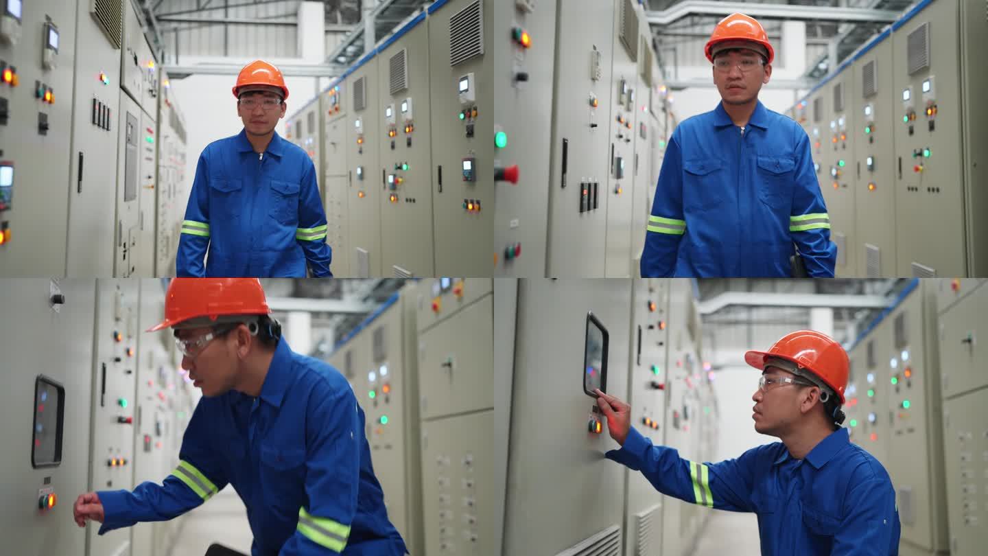 专业电气工程师检查工厂开关柜控制面板上的电气参数。专注于控制面板操作，工程师从事一项关键的任务，包括