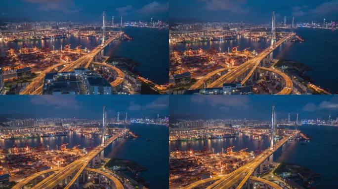鸟瞰香港大桥及商业港口
