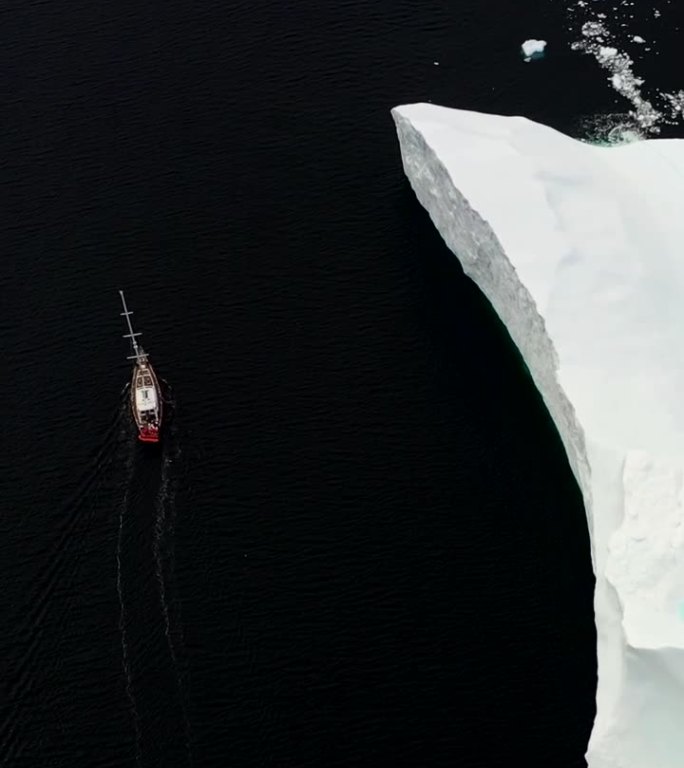 垂直视频以冰山为背景，轮船在南极洲航行。