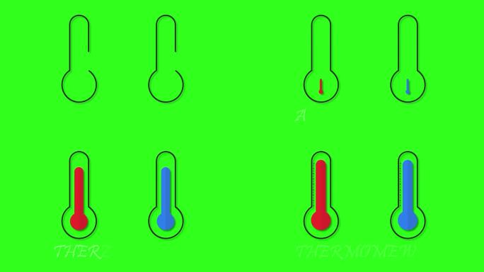 绿屏4K温度计2D动画，30fps。简单的温升动画温度测量运动图形。水银玻璃温度计库存镜头。