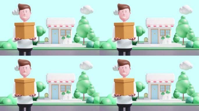 3d动画快乐的人卡通工作在新的业务交付前的商店和咖啡馆。4 k。