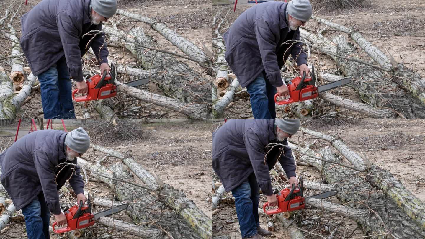 樵夫，一个留着灰白胡子的壮实老人，正在用电锯把街上的树锯成树桩