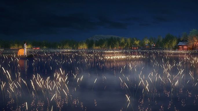 三维芦苇池夜景氛围意境