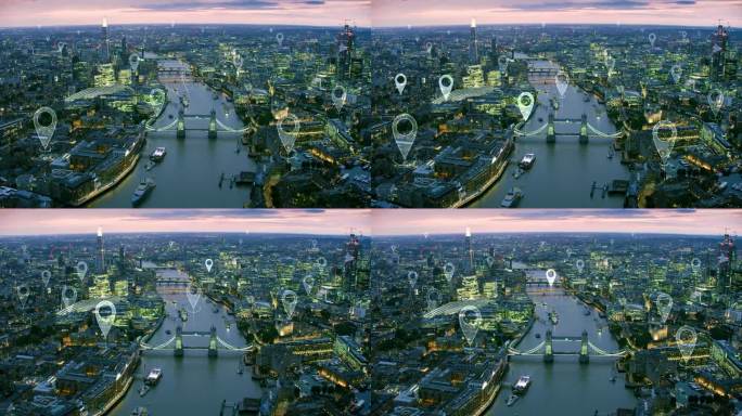 伦敦的本地化图标。一个智慧和未来城市的鸟瞰图。金融区的摩天大楼。完美地说明了技术概念:数据通信，物联