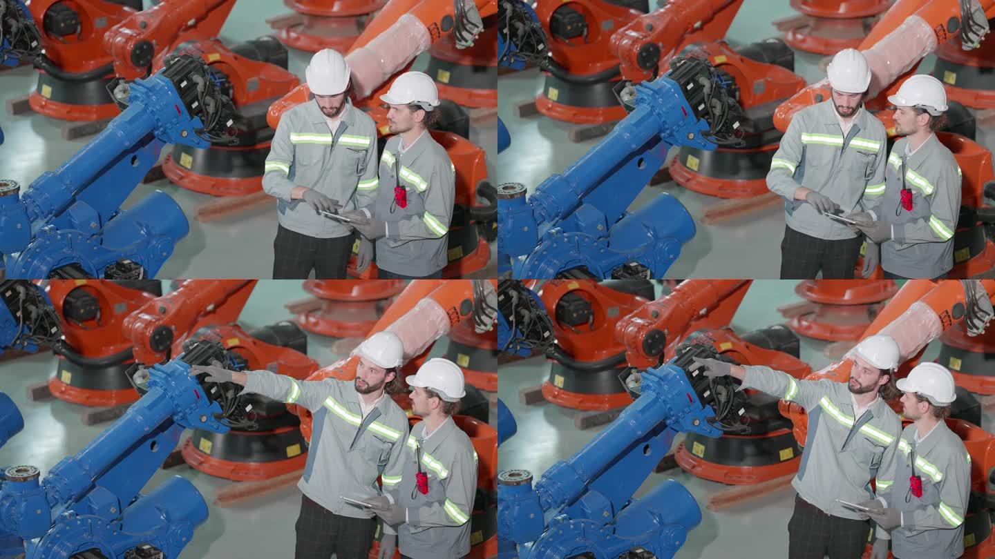团队工业工程师，穿着安全制服，在自动化生产的机械臂工厂工作，在机械臂生产线检查后维护的实用系统或在制