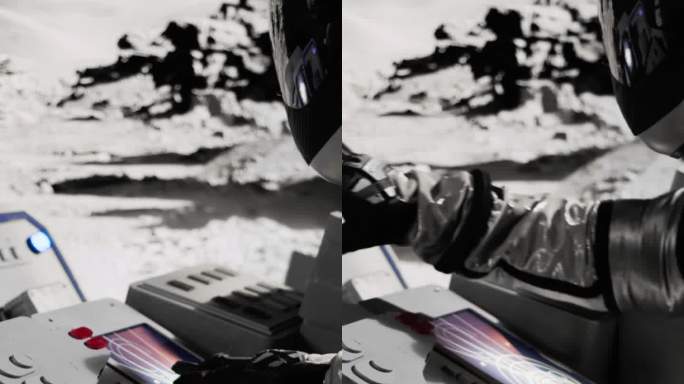 宇航员在月球上使用一个控制面板在空间站垂直视频