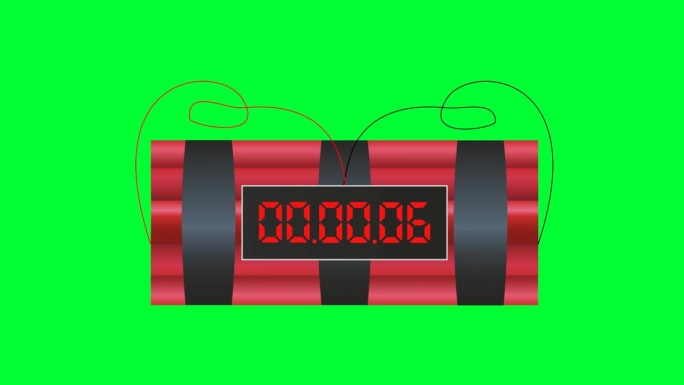 定时炸弹与数字时钟计时器倒计时动画在绿色屏幕上。卡通炸弹军事引爆武器设备。Tnt定时炸弹炸药棒致命武