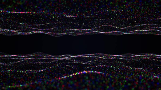 蓝绿红点海浪漂浮的网络空间背景环。全球网络慢波海洋概念无缝背景。抽象互联网数据空间创意设计。文本标题
