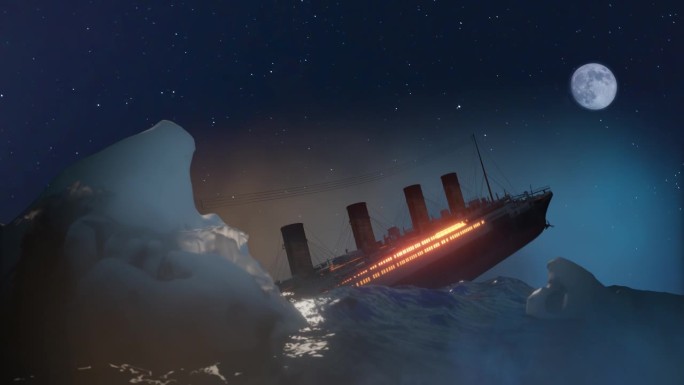 1912年冰山附近泰坦尼克号失事的残骸重建，3d渲染