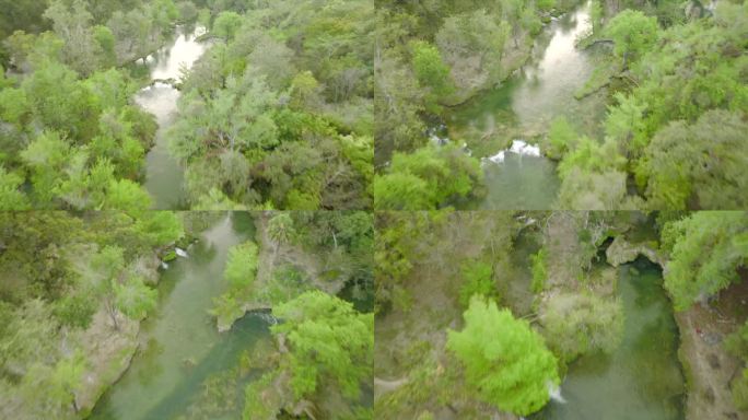 无人机拍摄的河流穿过丛林/森林的照片