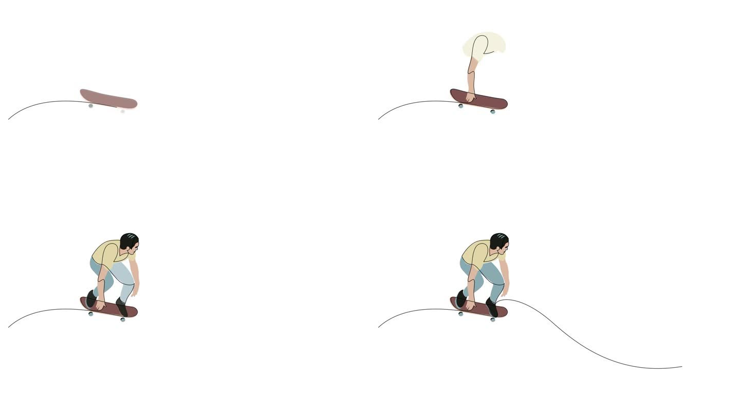 自绘制动画连续线年轻酷滑板人骑滑板在坡道上的滑板在滑板公园。动画极限青少年运动的概念画了一条线与颜色