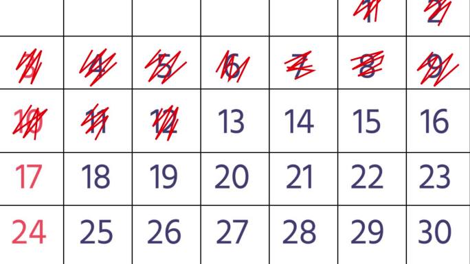 标记日历月的日期。停止运动。在31天日历的每一天过线。计划任务和计划概念。近距离